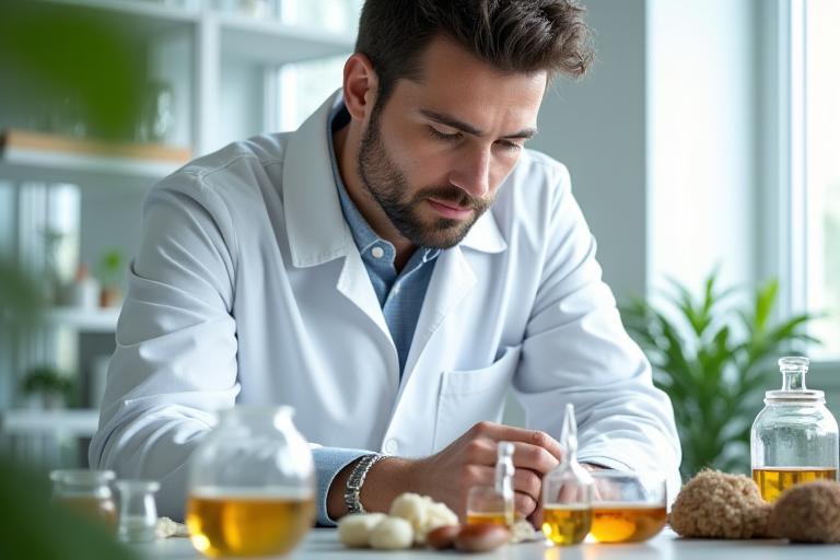 Scientist working in a modern lab with natural ingredients on a table, symbolizing innovation and natural health.