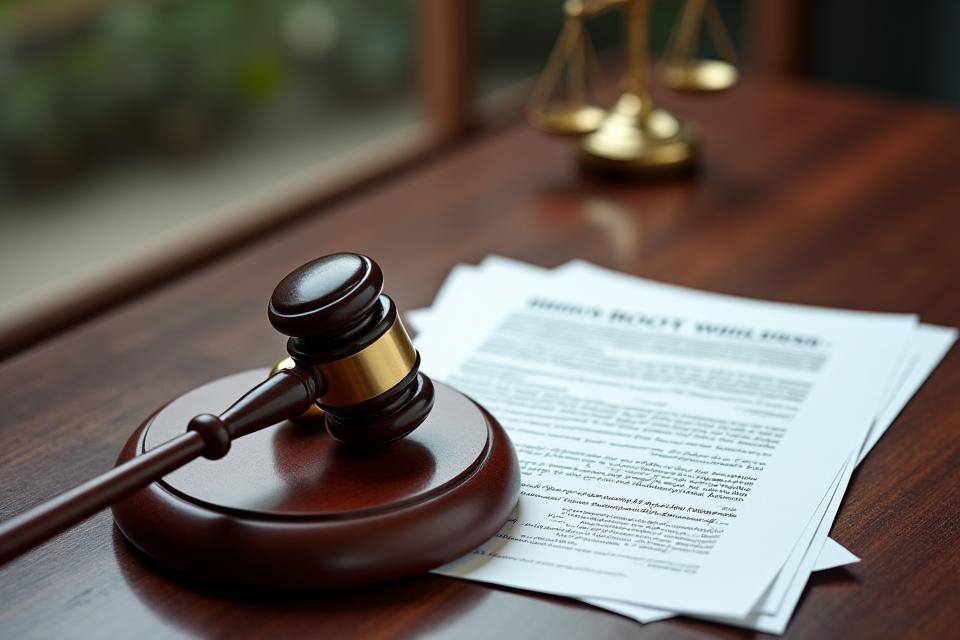 Legal documents and a gavel on a dark wooden table, symbolizing fair and just terms, with a subtle overlay of a balanced scale icon.